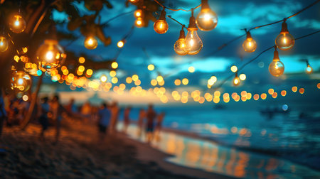 Close up of the glowing light bulbs at the beach cafe terrace. Sun is setting in the blurry abstract background.の素材