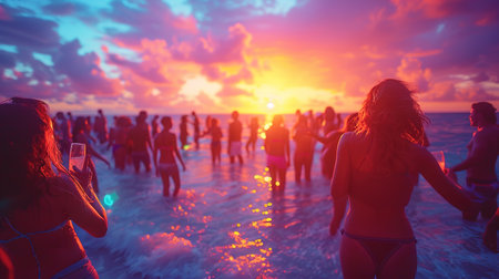 Close up of the glowing light bulbs at the beach cafe terrace. Sun is setting in the blurry abstract background.の素材