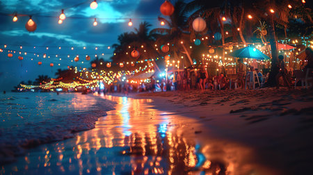 Close up of the glowing light bulbs at the beach cafe terrace. Sun is setting in the blurry abstract background.の素材