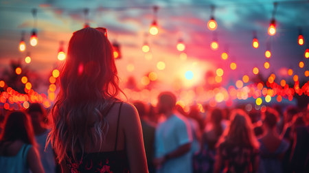 blur people picnic in a public Park with family or friends. the food festival at night.の素材