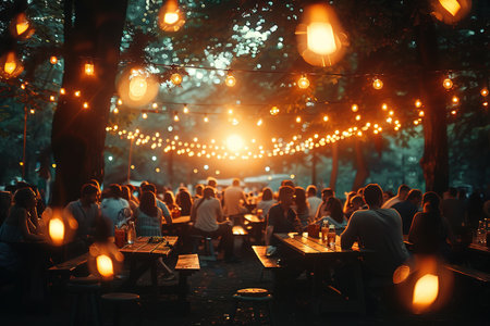 blur people picnic in a public Park with family or friends. the food festival at night.の素材