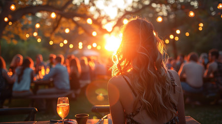 blur people picnic in a public Park with family or friends. the food festival at night.の素材