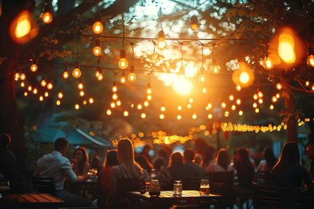 blur people picnic in a public Park with family or friends. the food festival at night.の素材