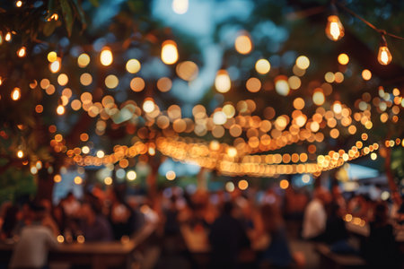 blur people picnic in a public Park with family or friends. the food festival at night.の素材