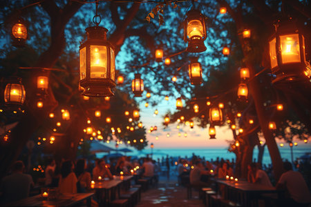 blur people picnic in a public Park with family or friends. the food festival at night.の素材