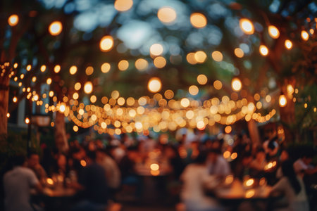 blur people picnic in a public Park with family or friends. the food festival at night.の素材