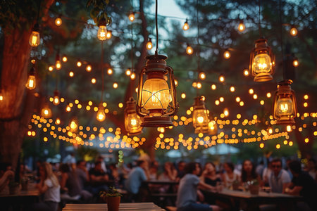 blur people picnic in a public Park with family or friends. the food festival at night.の素材