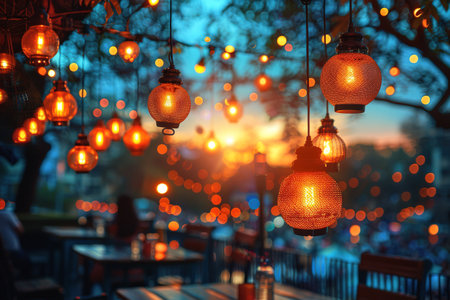 blur people picnic in a public Park with family or friends. the food festival at night.の素材