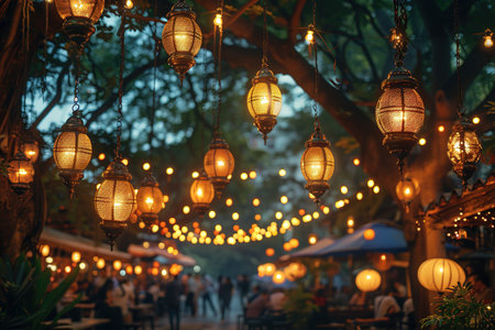blur people picnic in a public Park with family or friends. the food festival at night.の素材