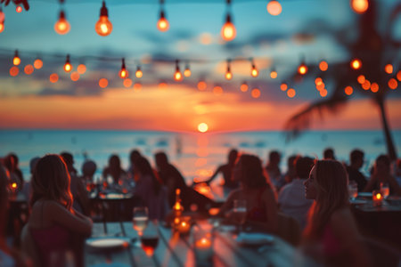 blur people picnic in a public Park with family or friends. the food festival at night.の素材