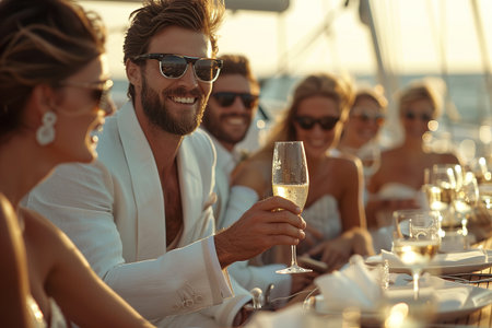 Cheers! Cropped image of group of friends relaxing on luxury yacht and drinking champagne. Having fun together while sailing in the sea. Traveling and yachting concept.の素材