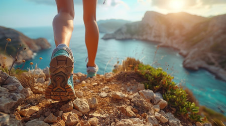 Hiking in the mountains. Female legs with sports shoes and backpack running on a trail mountain, close up.の素材