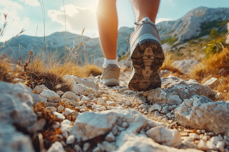Hiking in the mountains. Male legs with sports shoes and backpack running on a trail mountain, close up.の素材