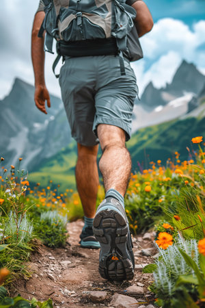 Hiking in the mountains. Male legs with sports shoes and backpack running on a trail mountain, close up.の素材