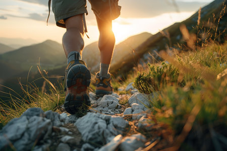 Hiking in the mountains. Male legs with sports shoes and backpack running on a trail mountain, close up.の素材