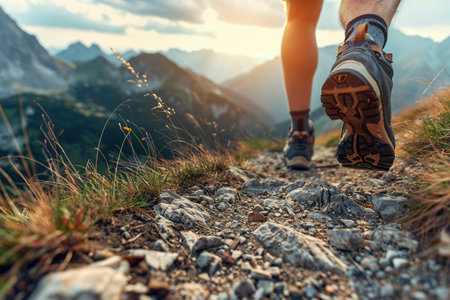 Hiking in the mountains. Male legs with sports shoes and backpack running on a trail mountain, close up.の素材
