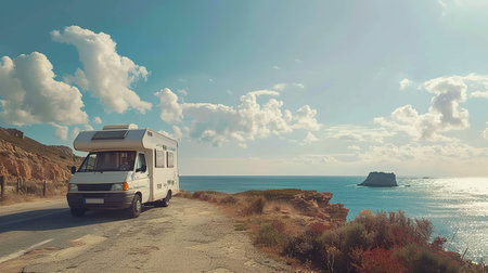 Vintage camper van parked in a dry grassy field with a clear blue sky.の素材