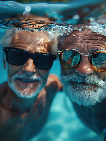 Elderly couple swims in the sea. Old bearded man and aged woman in swimsuits together stand in the tranqise water of Adriatic sea at sunset.の素材