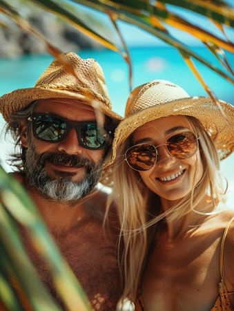Elderly intelligent couple in love spending time romantically on the beach near the sea, walking holding hands and gently hugging.の素材