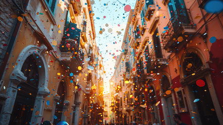 background of confetti in the air celebration in the city.の素材