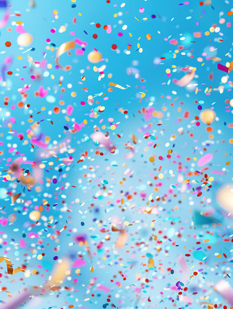 Colored confetti flying on blue background.の素材