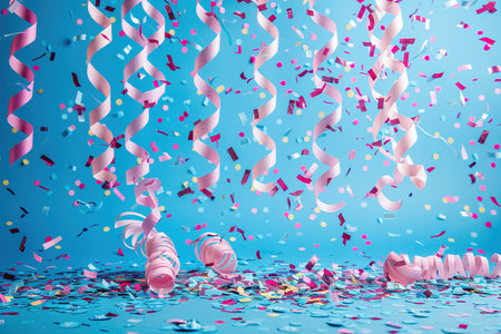 Colored confetti flying on blue background.の素材