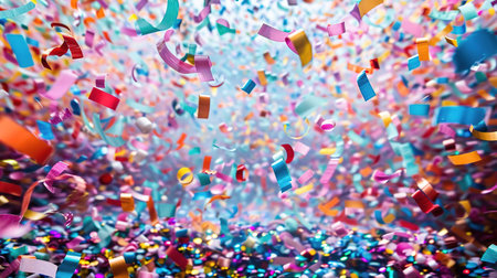 Colored confetti flying on blue background.の素材