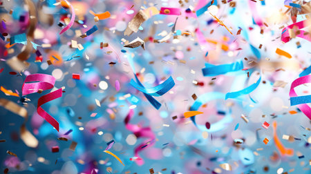 Colored confetti flying on blue background.の素材