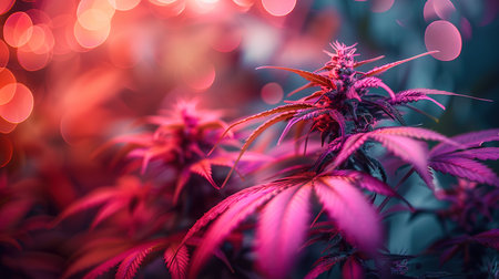 Beautiful cannabis background. Purple Medicinal Marijuana. New aesthetic fashion trendy look of agricultural strain of hemp. Long vibrant banner in purple pink ultraviolet color.の素材