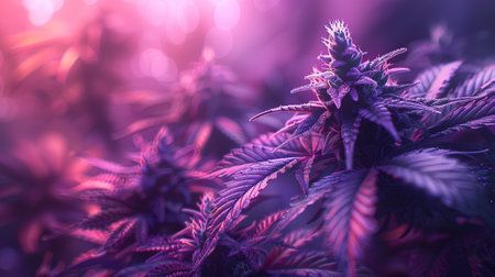Beautiful cannabis background. Purple Medicinal Marijuana. New aesthetic fashion trendy look of agricultural strain of hemp. Long vibrant banner in purple pink ultraviolet color.の素材