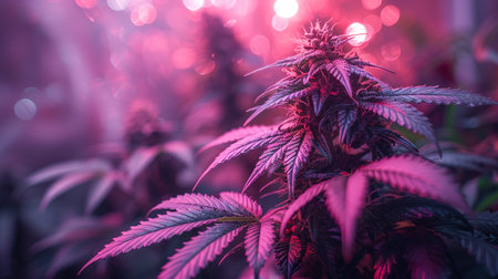 Beautiful cannabis background. Purple Medicinal Marijuana. New aesthetic fashion trendy look of agricultural strain of hemp. Long vibrant banner in purple pink ultraviolet color.の素材