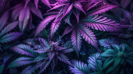 Beautiful cannabis background. Purple Medicinal Marijuana. New aesthetic fashion trendy look of agricultural strain of hemp. Long vibrant banner in purple pink ultraviolet color.の素材