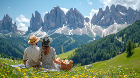 Young couple in love resting on peak of mountain in summer. Couple spreading a blanket for picnic.の素材