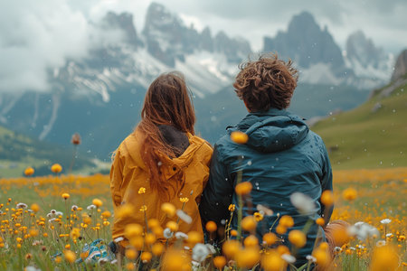 Young couple in love resting on peak of mountain in summer. Couple spreading a blanket for picnic.の素材