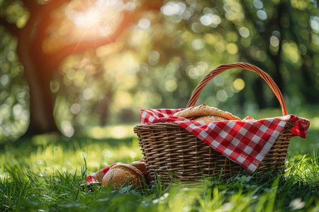 One picnic wicker basket with checkered napkin and blanket on green grass. Space for text.の素材