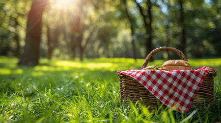 One picnic wicker basket with checkered napkin and blanket on green grass. Space for text.の素材