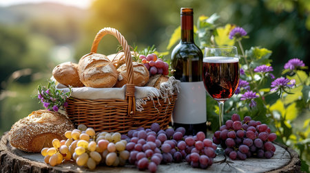 Picnic basket on grass with food and drink on blanket. Picnic lunch outdoor in a field on sunny day with bread, fruit and bottle of red wine. Pic nic on green grass with landscape in the background.の素材