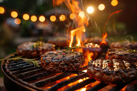 Cooking meat cutlet on hot grill barbecue grate with fire flams and smoke outdoors.の素材