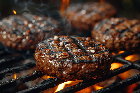 Cooking meat cutlet on hot grill barbecue grate with fire flams and smoke outdoors.の素材