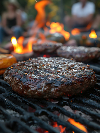 Cooking meat cutlet on hot grill barbecue grate with fire flams and smoke outdoors.の素材