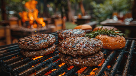 Cooking meat cutlet on hot grill barbecue grate with fire flams and smoke outdoors.の素材