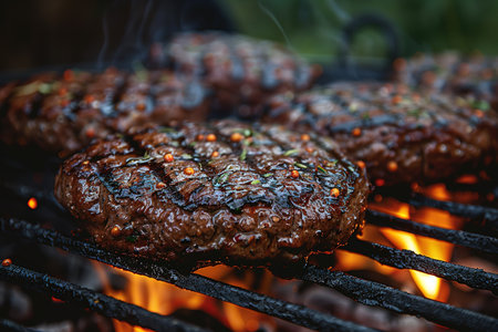 Cooking meat cutlet on hot grill barbecue grate with fire flams and smoke outdoors.の素材