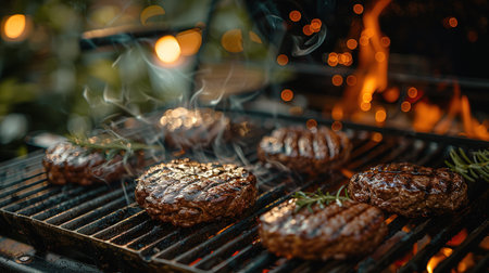 Cooking meat cutlet on hot grill barbecue grate with fire flams and smoke outdoors.の素材