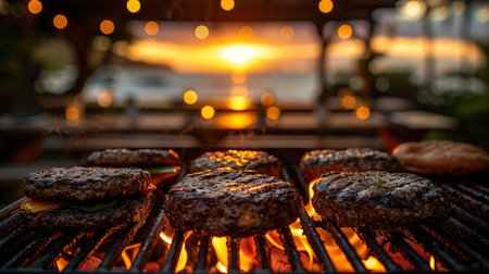 Cooking meat cutlet on hot grill barbecue grate with fire flams and smoke outdoors.の素材