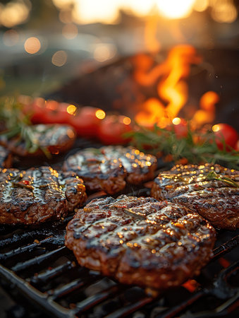 Cooking meat cutlet on hot grill barbecue grate with fire flams and smoke outdoors.の素材