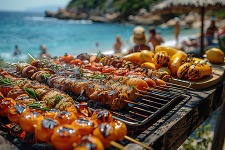 Happy friends are having fun while they are preparing a barbecue on the beach. Vacation concept.の素材