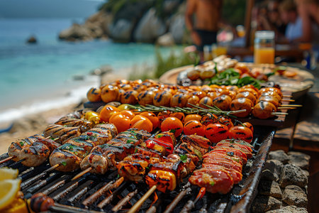 Happy friends are having fun while they are preparing a barbecue on the beach. Vacation concept.の素材