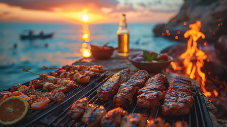 Happy friends are having fun while they are preparing a barbecue on the beach. Vacation concept.の素材