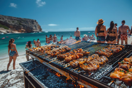 Happy friends are having fun while they are preparing a barbecue on the beach. Vacation concept.の素材