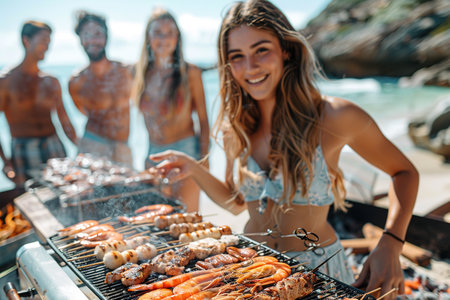Happy friends are having fun while they are preparing a barbecue on the beach. Vacation concept.の素材